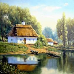 гобелен, велюр, картина, пейзаж, деревня, дом, природа