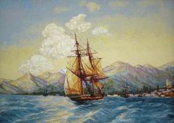 море, гобелен, парусник, горы