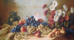 картина, гобелен, цветы, букет, натюрморт, Натюрморт с фруктами и астрами
