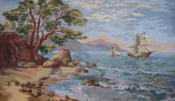 гобелен, парусник, море