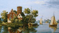 море, парусник, гобелен, картина