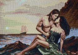 гобелен, парусник, море, влюбленные, любовь